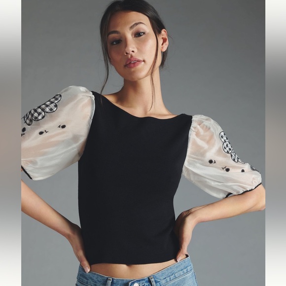 Anthropologie Maeve Silk Puff-Sleeve Sweater Top, M - Picture 4 of 16